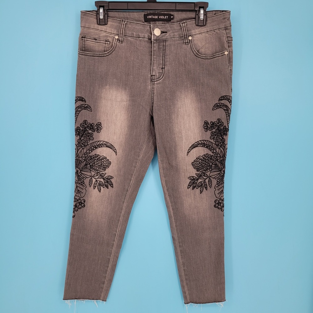 Vintage Violet Gray Skinny Jeans Black Floral Embroidery Raw Hem Whimsigoth 10P